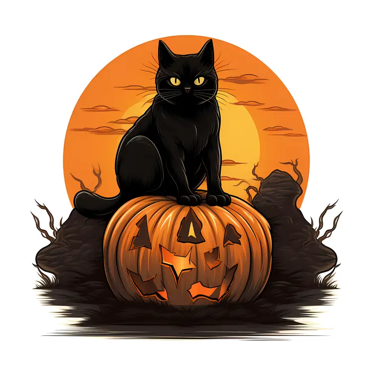 Black Cat on Pumpkin with Halloween Theme