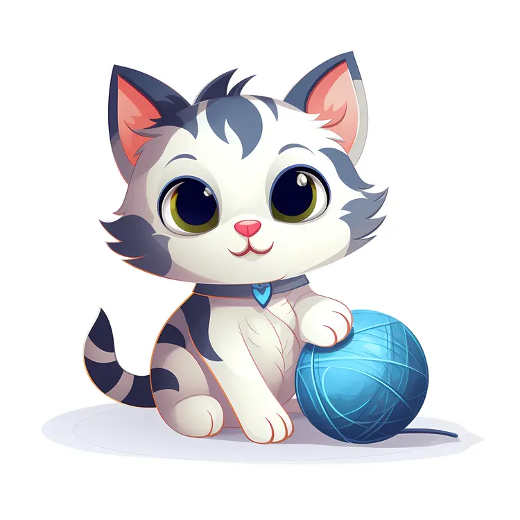Cute Kitten with Blue Yarn Ball
