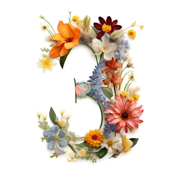 Number 3 with Colorful Flowers