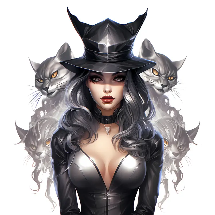 Witch with Black Cats and Hat