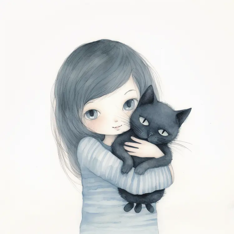 Cute Girl Hugging a Black Cat Illustration