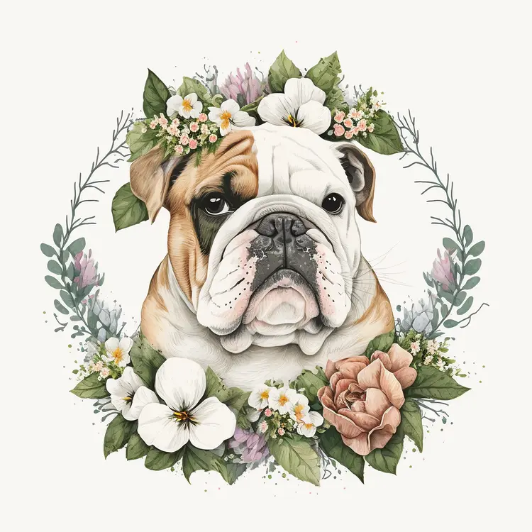 Beautiful Bulldog with Floral Wreath