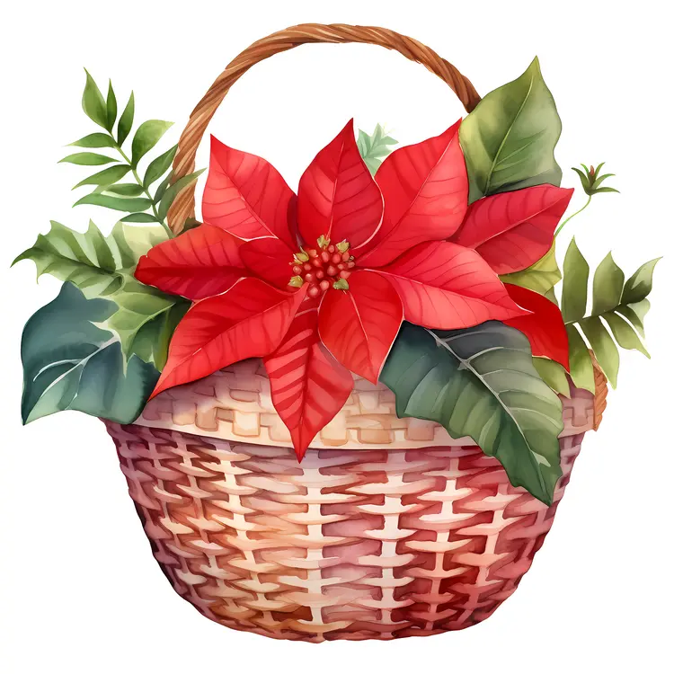 Beautiful Poinsettia in Wicker Basket for Christmas Decor