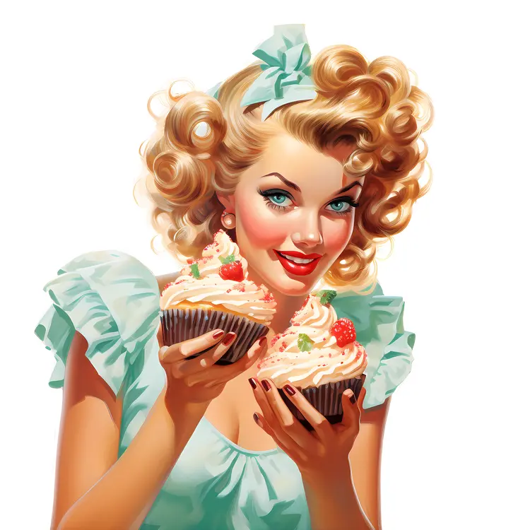 Retro Woman Holding Cupcakes