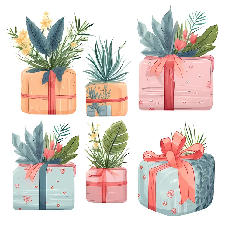 Decorative Gift Boxes with Plants and Ribbons