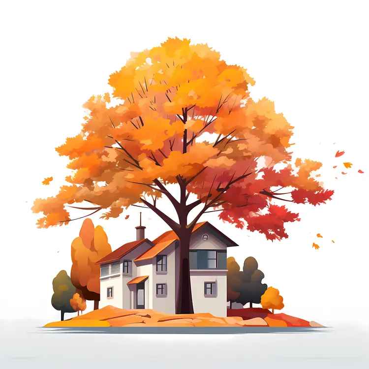 Small cute doodle house with autumn trees