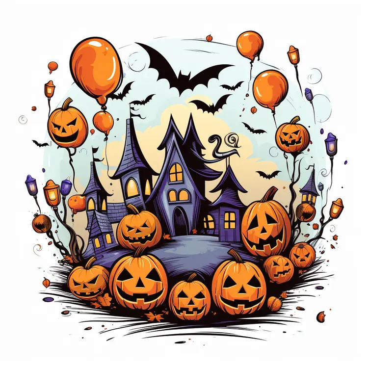 Spooky Haunted House with Pumpkins and Bats