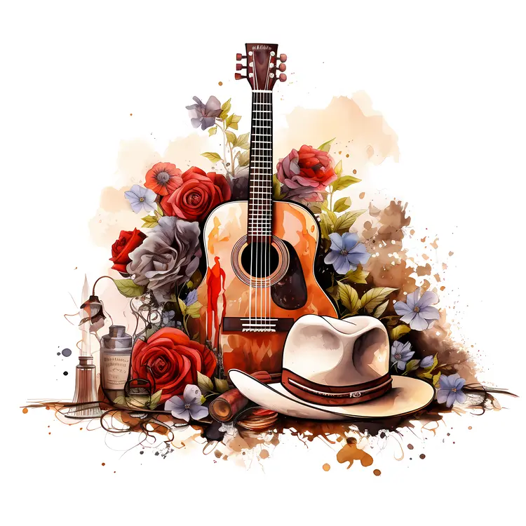 Country Guitar with Flowers and Hat