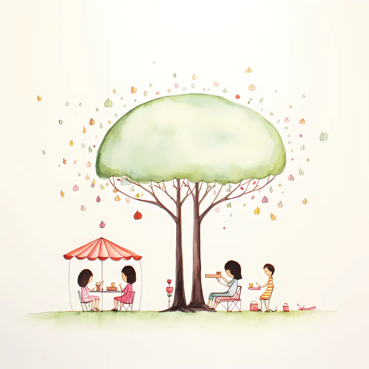 Children and Adults Enjoying Picnic Under Green Tree