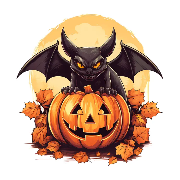 Scary Bat with Pumpkin and Leaves