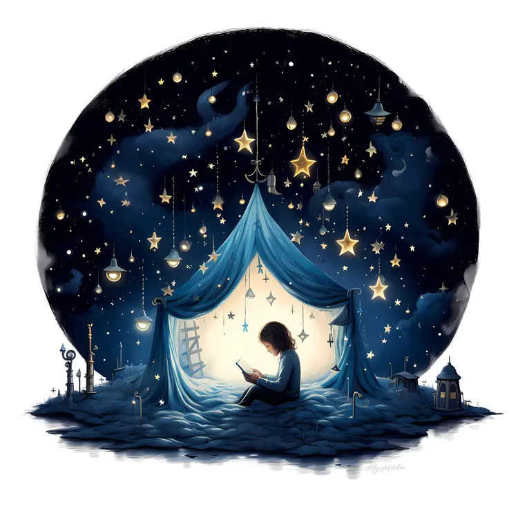 Child Reading in a Starry Night Tent