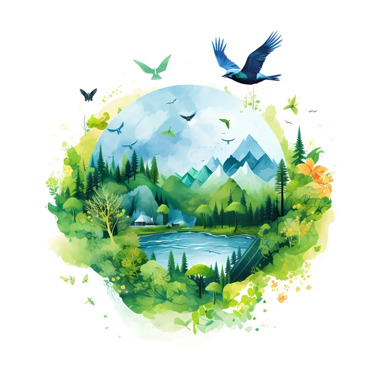 Mountain Landscape with Lake and Birds
