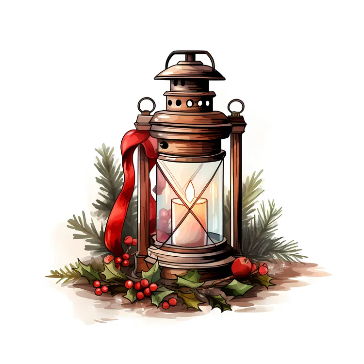 Bronze Lantern with Holly and Ribbon