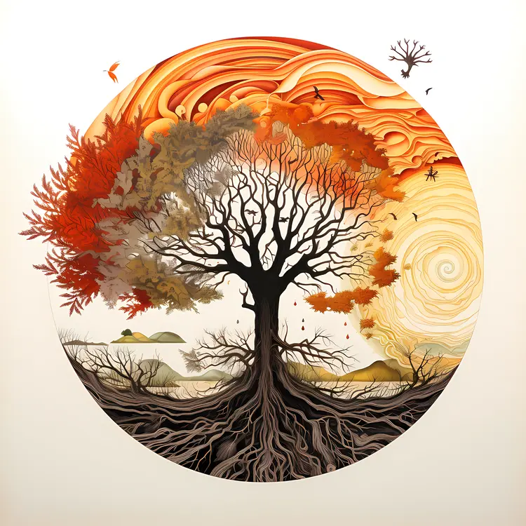 Autumn Tree with Sun and Leaves