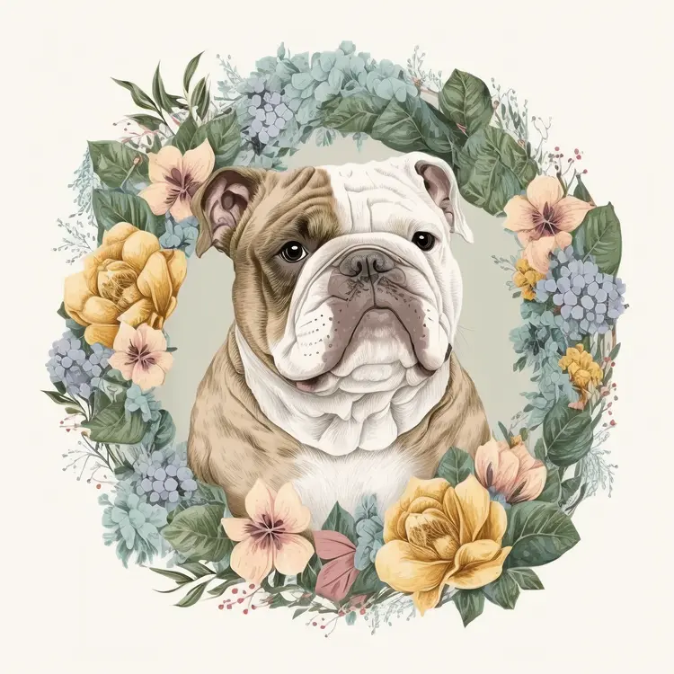 Bulldog with Floral Wreath Illustration