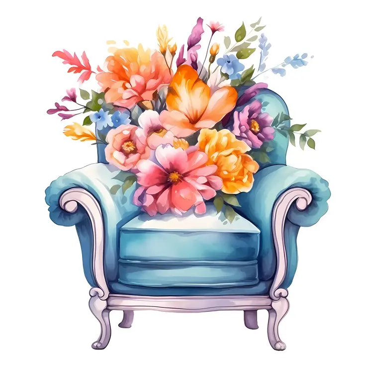 Beautiful Armchair with Floral Arrangement in Watercolor Style