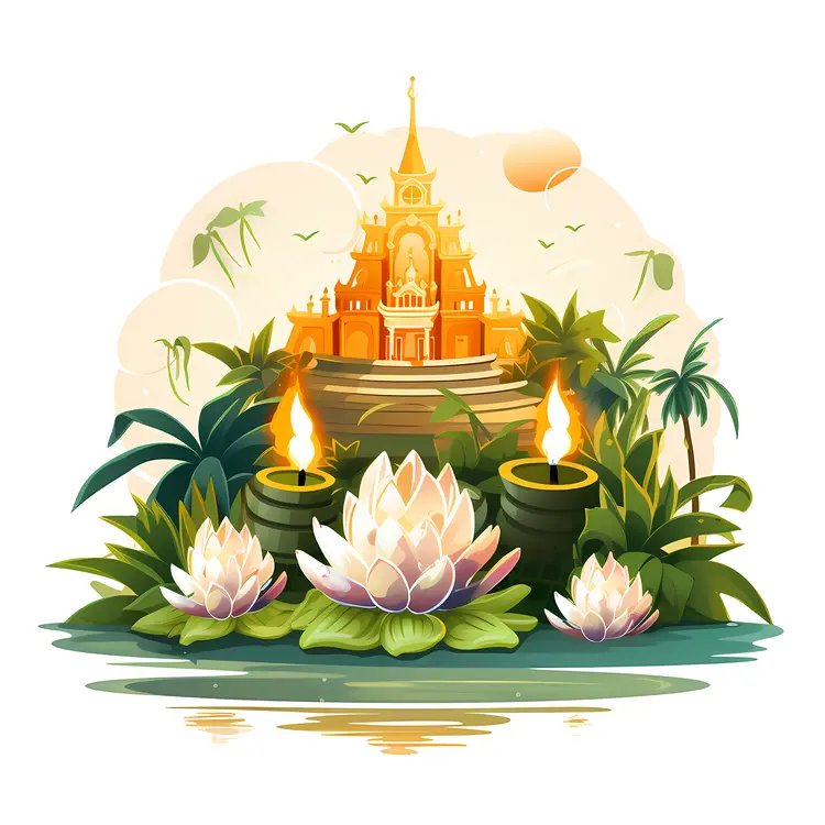 Temple Surrounded by Lotus Flowers and Candles