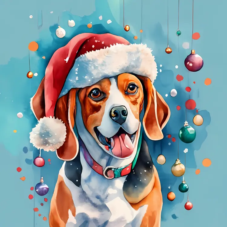 Happy Dog with Santa Hat and Christmas Ornaments