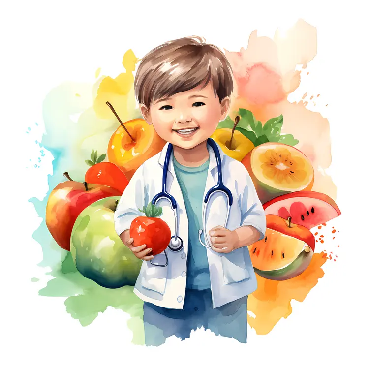 Child with Fruits and Doctor's Coat