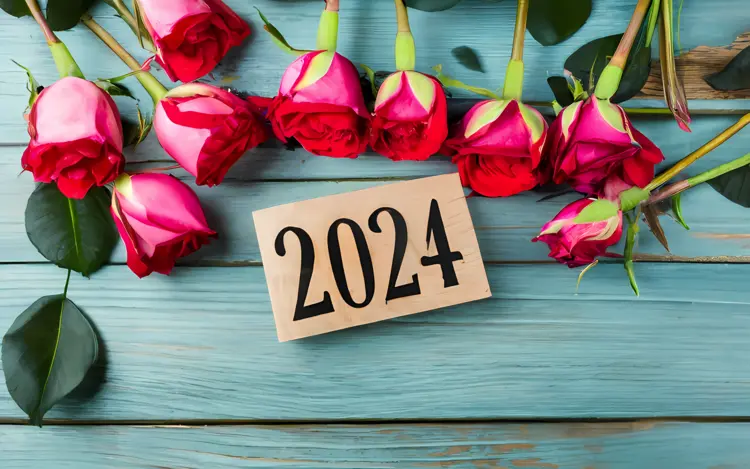 2024 with Roses on Wooden Table