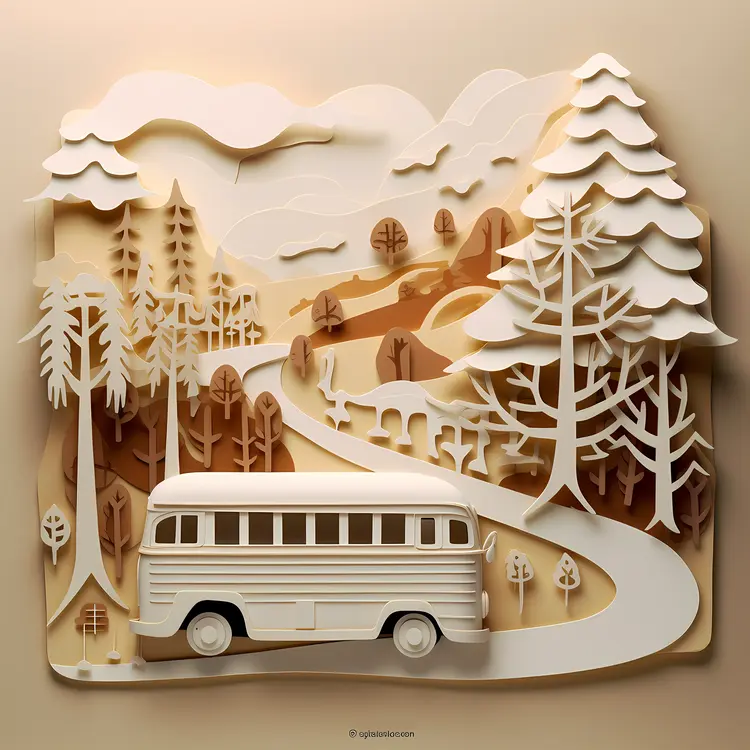 Paper Art Bus in a Forest Scene