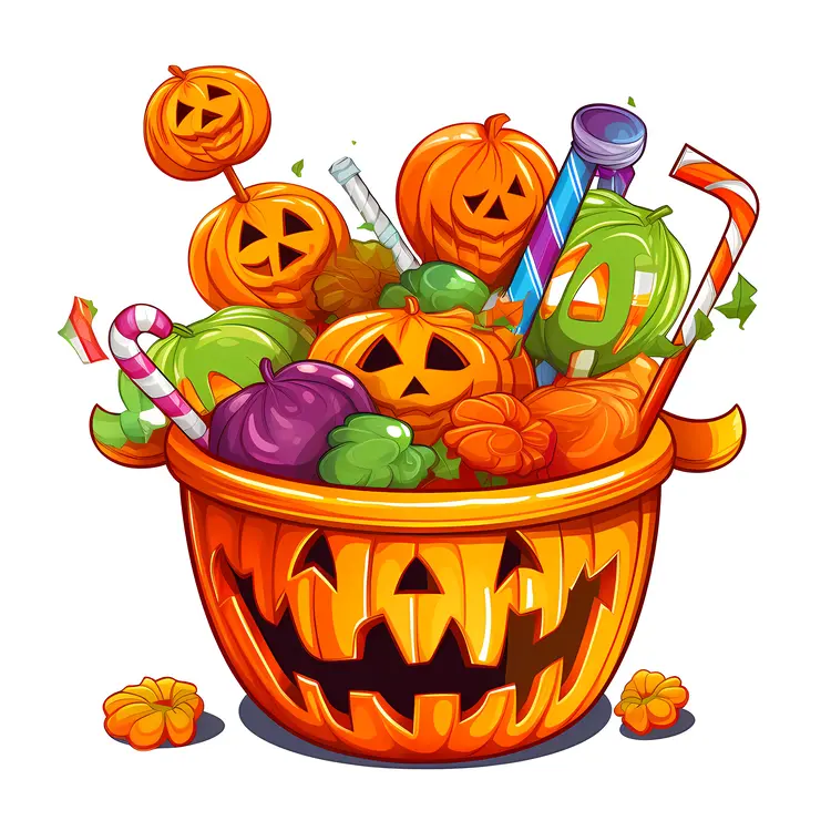Festive Halloween Jack-o'-lantern with Candy and Pumpkins