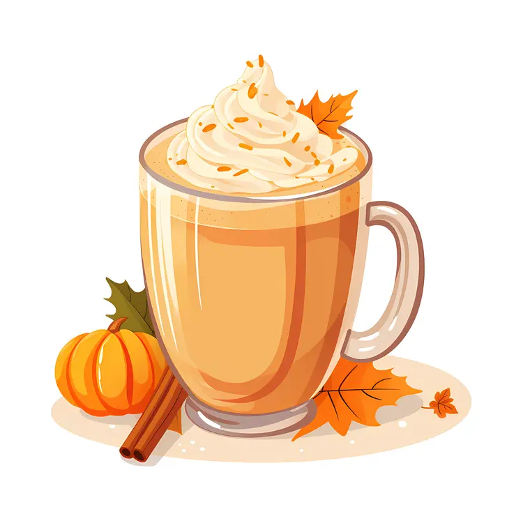 Pumpkin Spice Latte with Whipped Cream and Autumn Leaves