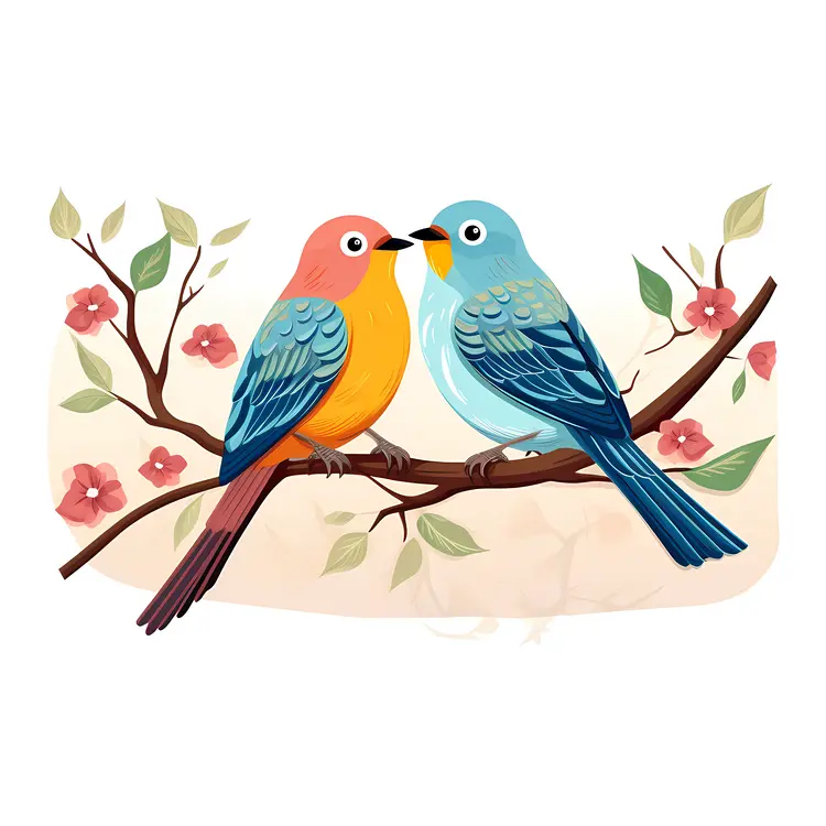 Colorful Birds on Branch for Valentine's Day