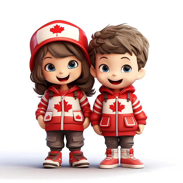 Cute Boy and Girl in Red Jackets with Maple Leaf