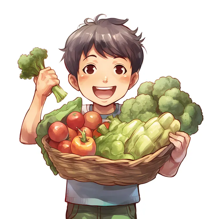 Cartoon Boy with a Basket of Vegetables