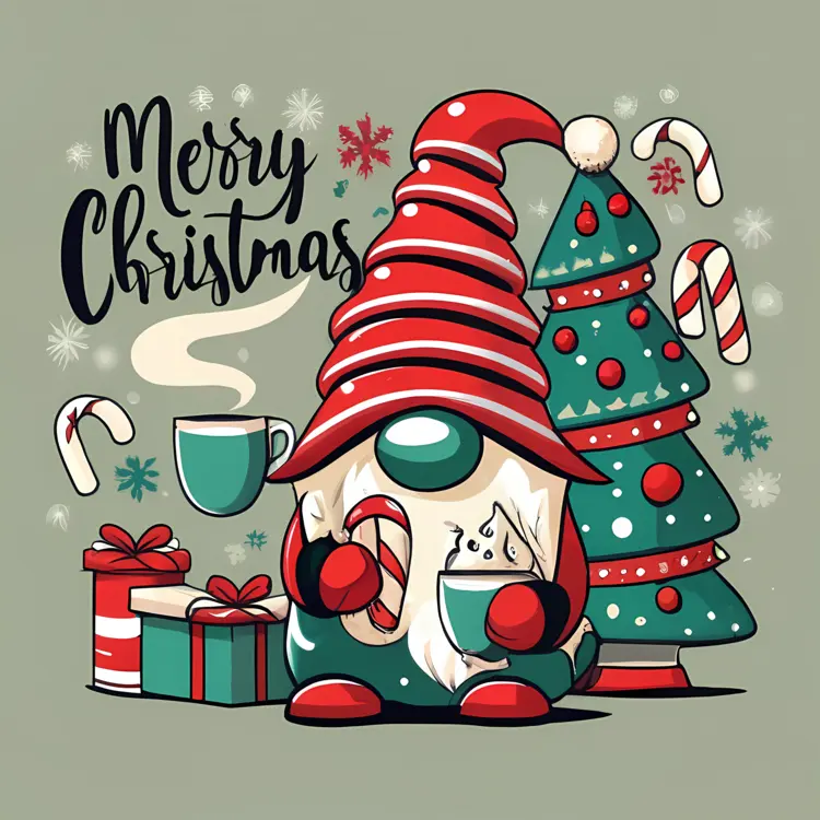 Christmas Gnome with Candy Cane and Tree