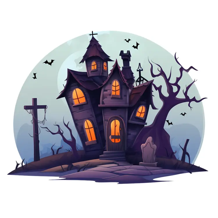 Spooky Haunted House with Bats and Gravestone