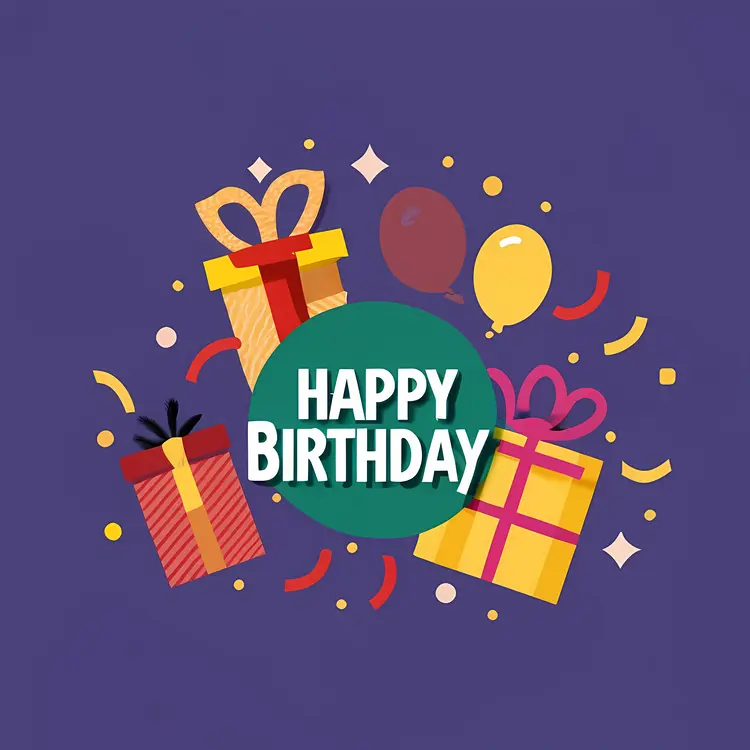 Happy Birthday Text with Gifts and Balloons