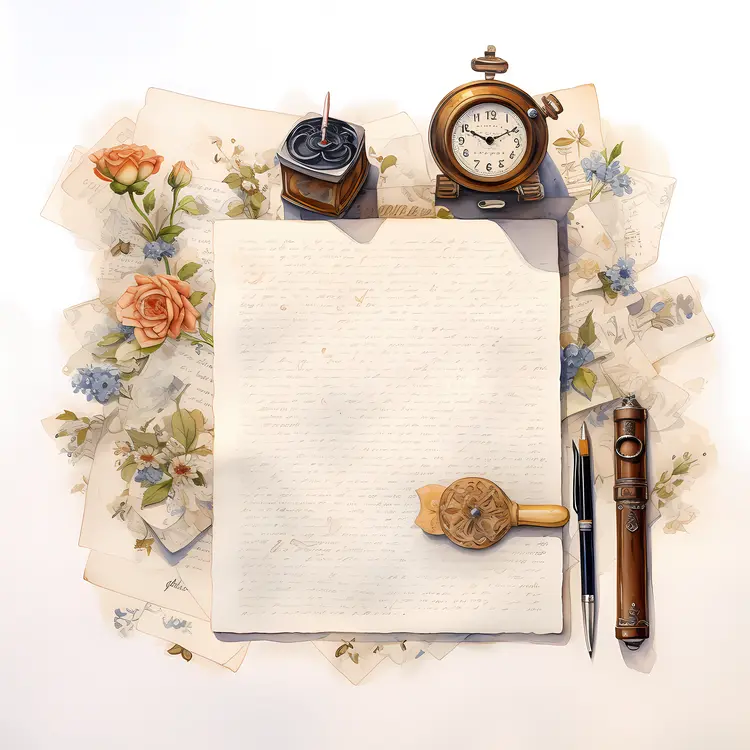 Vintage Writing Setup with Clock and Ink