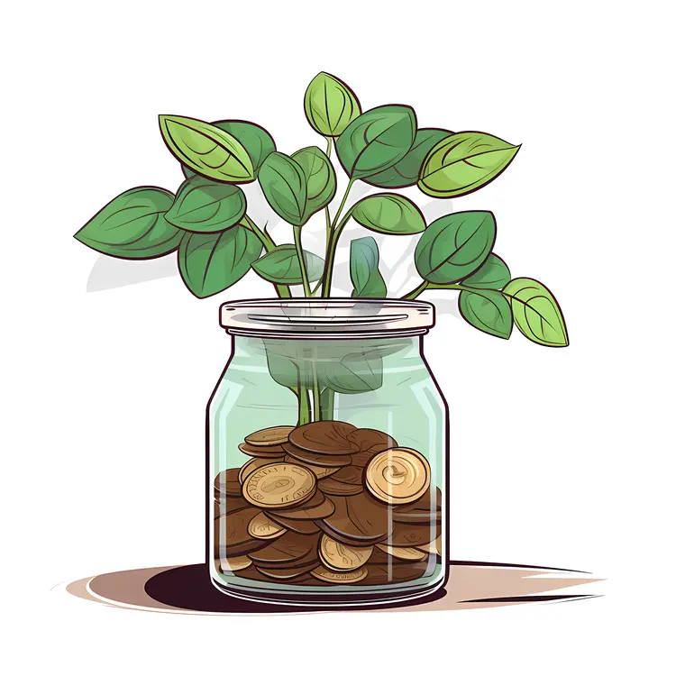 Coins in Jar with Plant Illustration