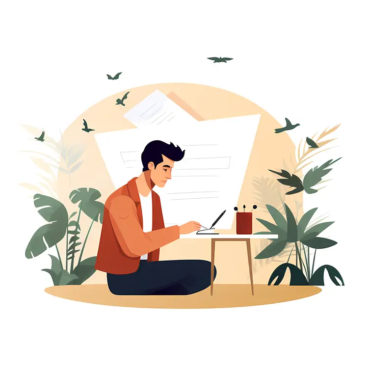 Man Writing at Desk with Plants