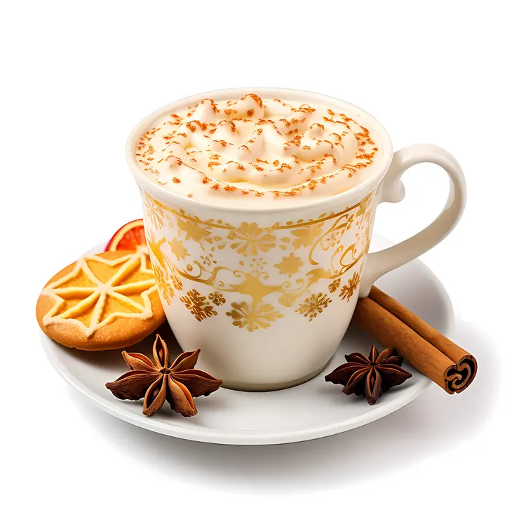 White Cup with Gold Pattern and Cinnamon Sticks