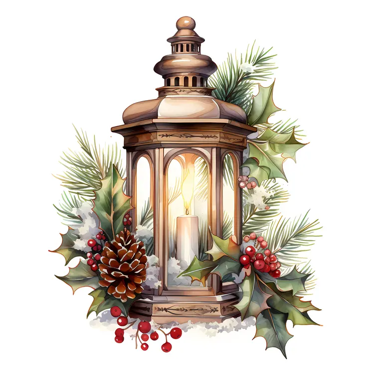 Bronze Lantern with Candle and Holly