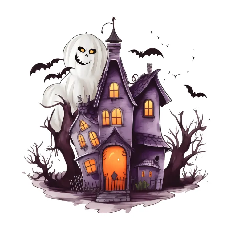 Haunted House with Ghost and Bats