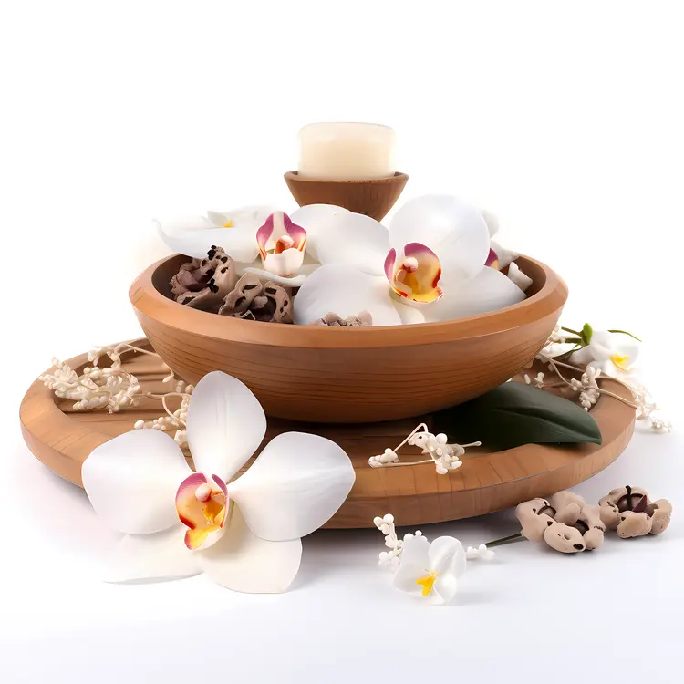 Candles and Orchids in Wooden Bowl Decor