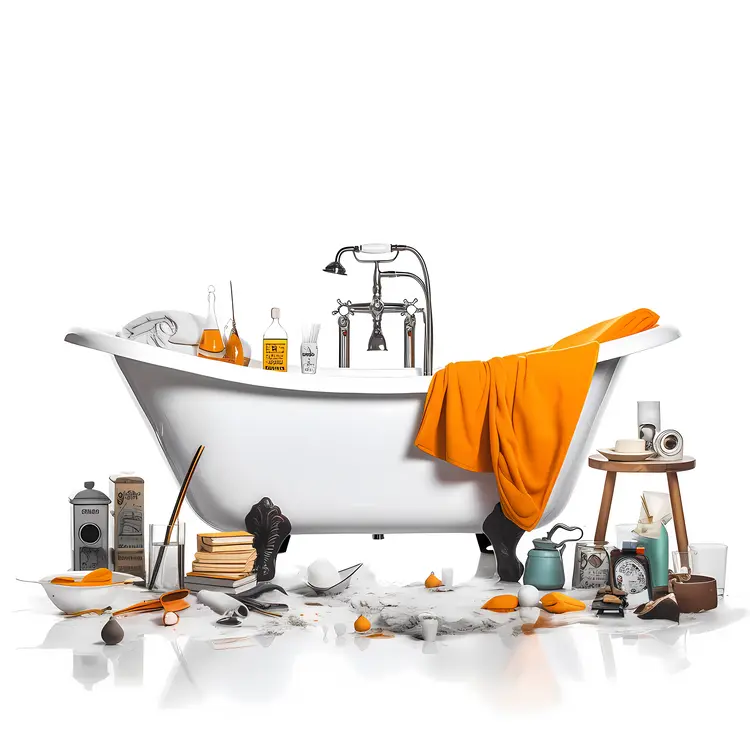 Realistic Bathtub with Clutter and Orange Towel