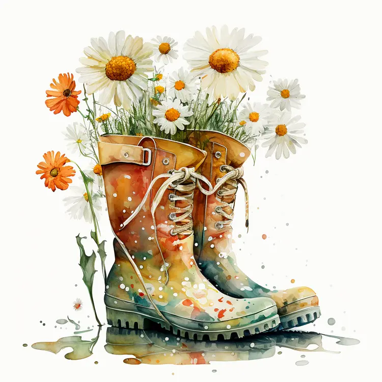 Colorful Rain Boots with Daisies in Watercolor Style