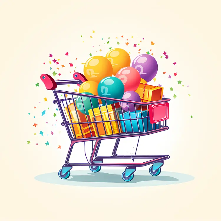 Shopping Cart Filled with Gifts and Balloons