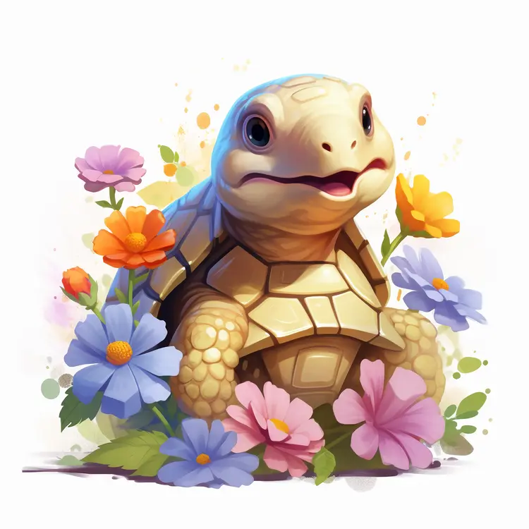 Cute Turtle with Colorful Flowers