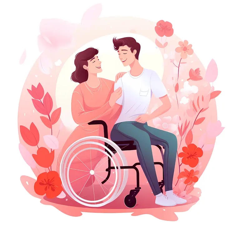 Couple with Wheelchair in Floral Background