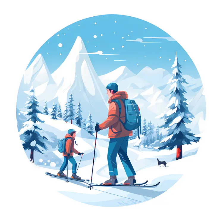 Family Skiing in Snowy Mountains