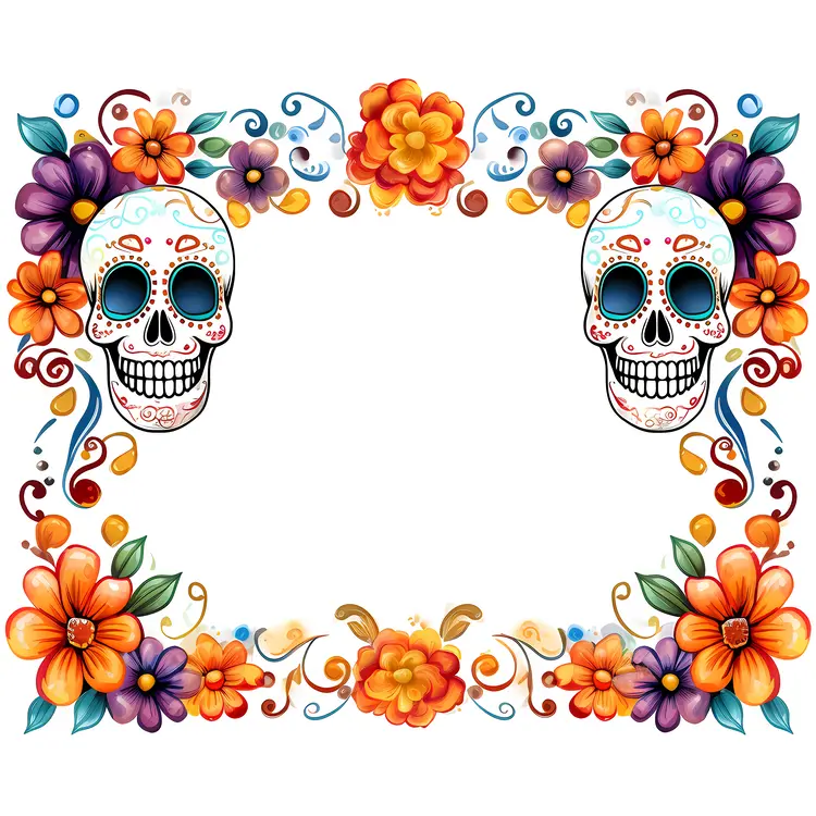 Skulls and Floral Frame for Day of the Dead