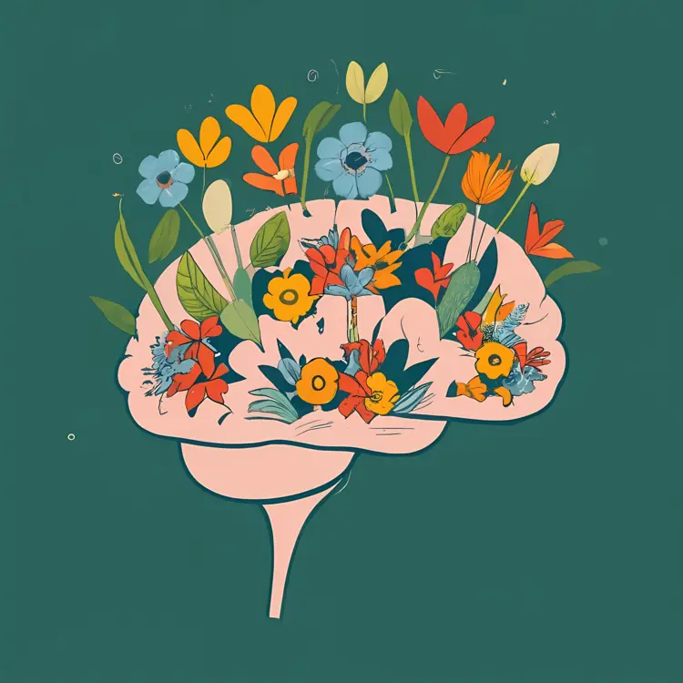 Brain with Colorful Flowers on Green Background
