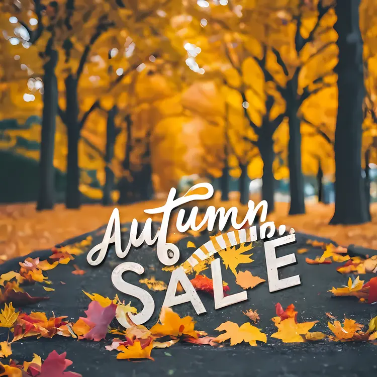 Autumn Sale Text with Autumn Leaves on Pathway