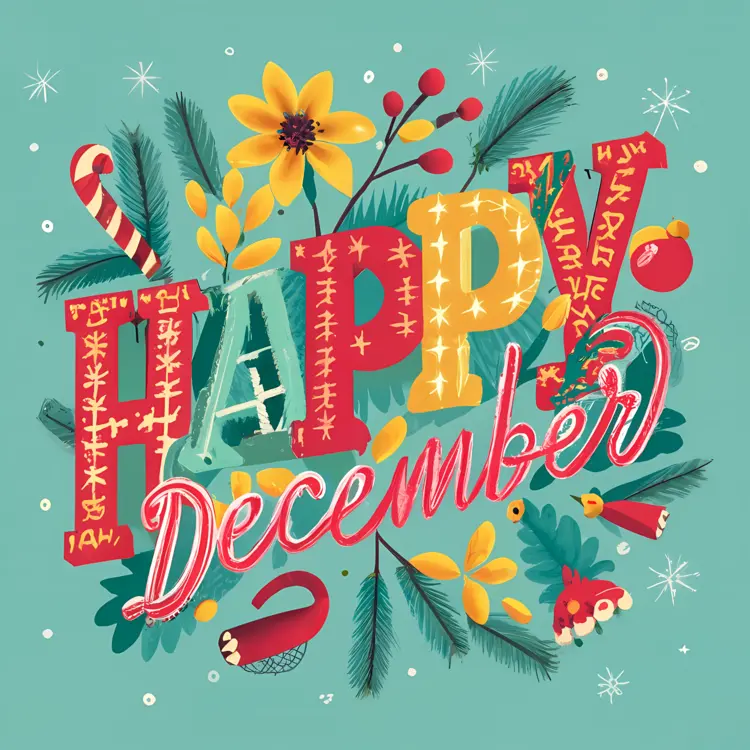 Happy December with Festive Decorations on Green Background